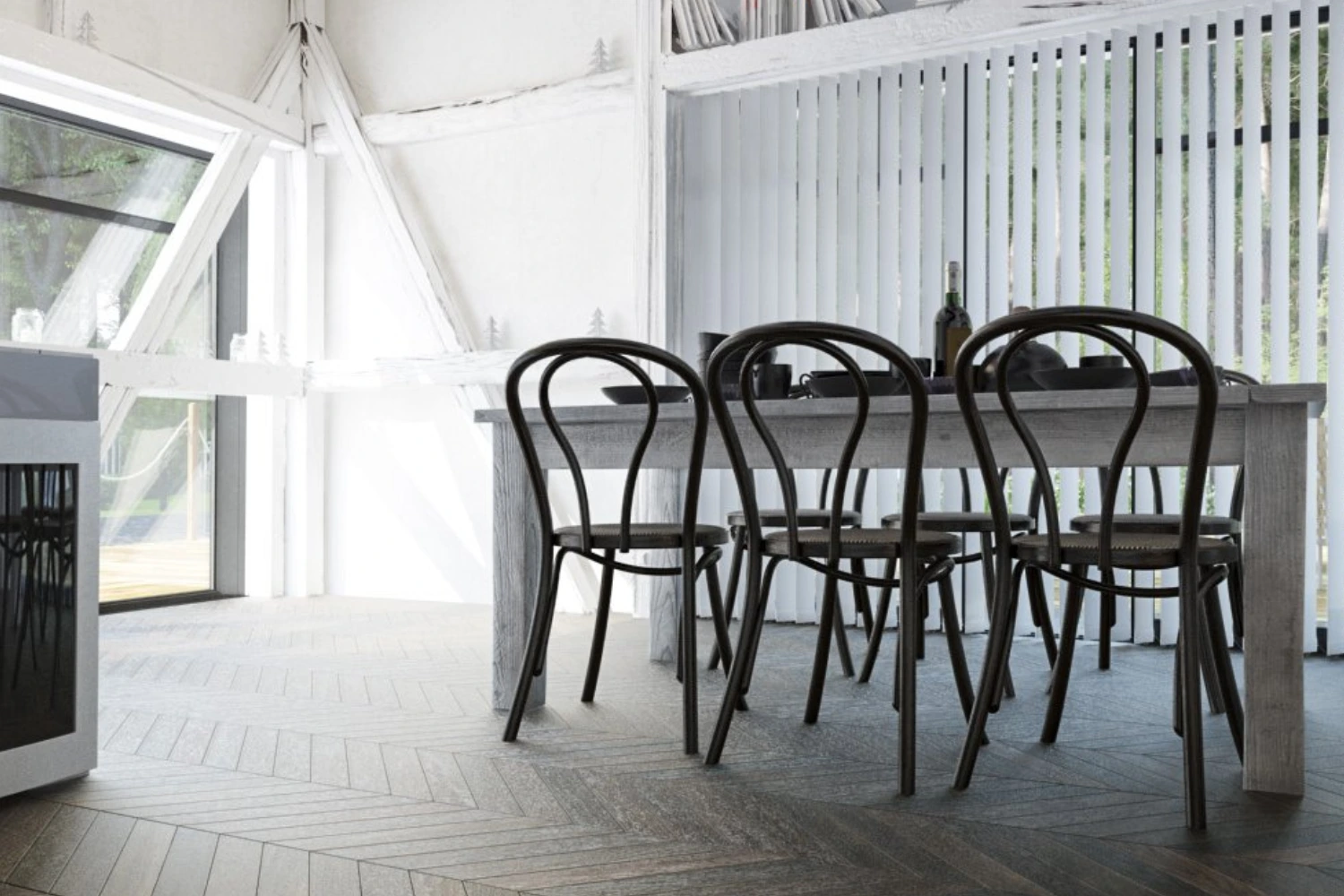 Jasna, nowoczesna jadalnia o rustykalnym charakterze